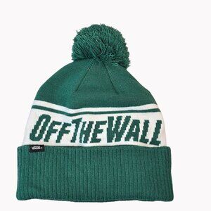 Vans Green & White "Off The Wall" Pom Beanie One Size Ribbed Cuff Cozy Knit Hat